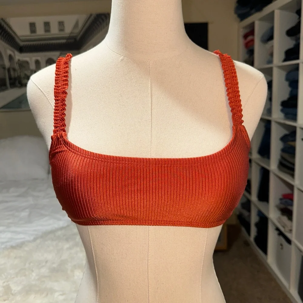 Xhilaration | NWT Ribbed Ruffle Strap Bikini Top Dark Red Burnt Orange S
